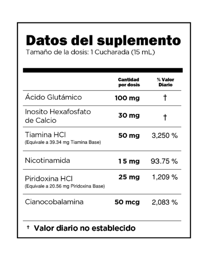 dato del suplemento Gluta - Phos Jarabe